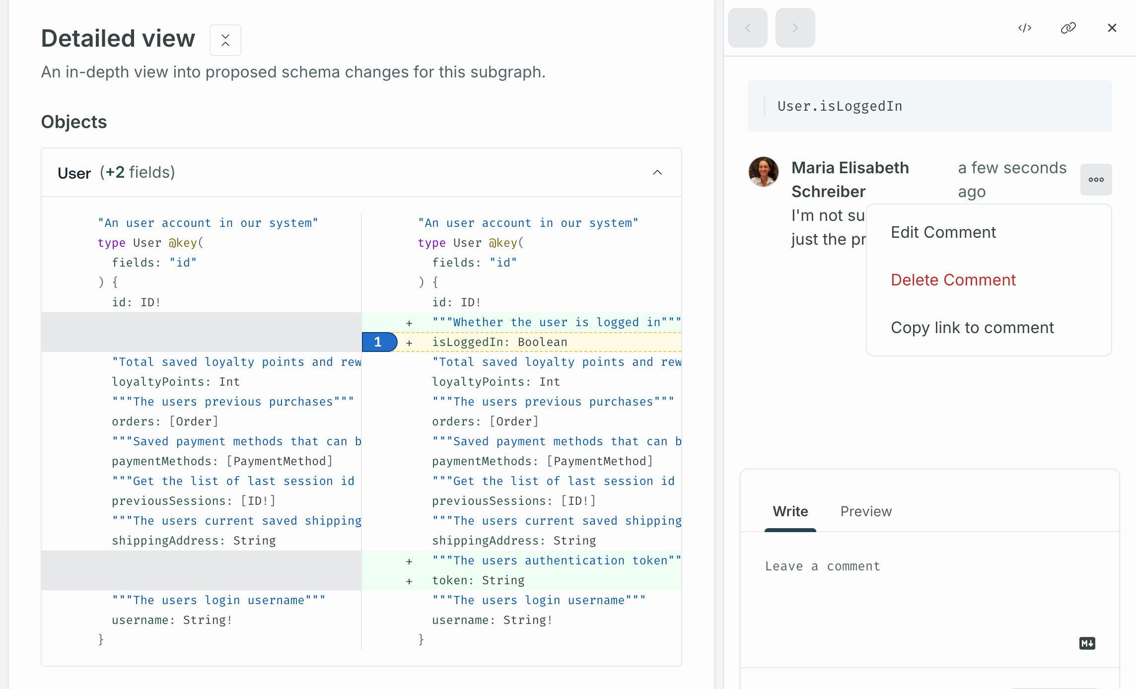 Editing a schema proposal comment in GraphOS Studio